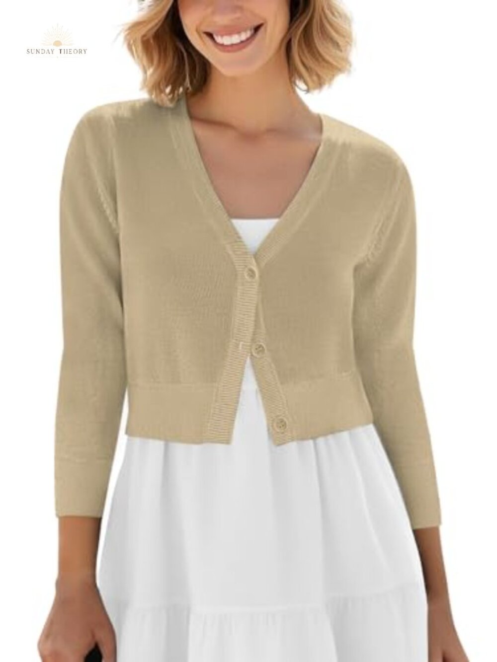 Cropped Cardigan V-Neck Button Down Knit Shrug 3/4 Sleeve Sweater